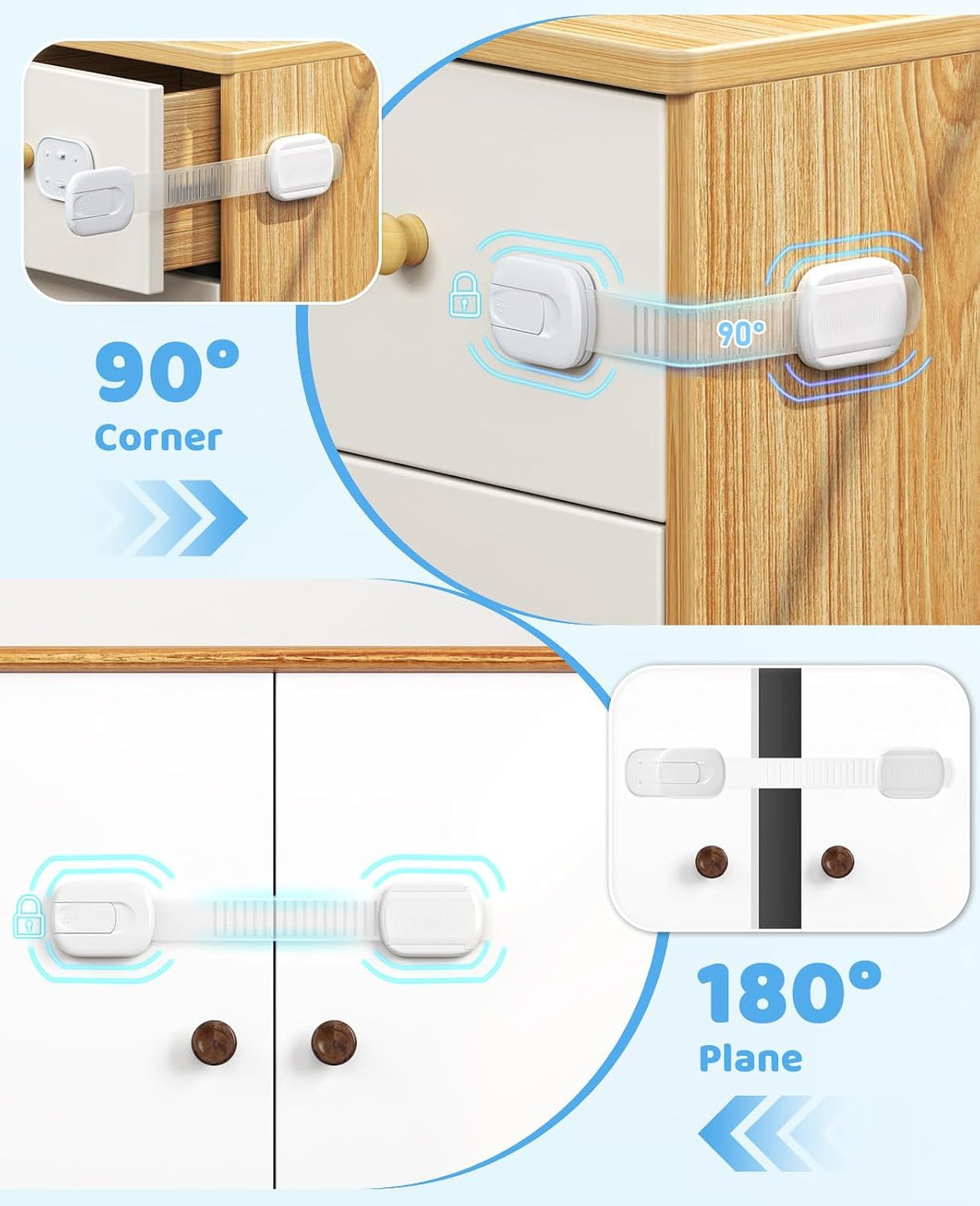 Cabinet Locks Baby Proofing, Child Proof Cabinet Locks with 3M Adhesive - Easy Installation with Adjustable Straps, Multi-Purpose Child Safety Latches for Drawers Fridge Trash Cans Toilets