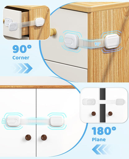 Cabinet Locks Baby Proofing, Child Proof Cabinet Locks with 3M Adhesive - Easy Installation with Adjustable Straps, Multi-Purpose Child Safety Latches for Drawers Fridge Trash Cans Toilets