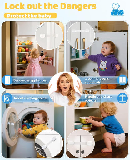Cabinet Locks Baby Proofing, Child Proof Cabinet Locks with 3M Adhesive - Easy Installation with Adjustable Straps, Multi-Purpose Child Safety Latches for Drawers Fridge Trash Cans Toilets