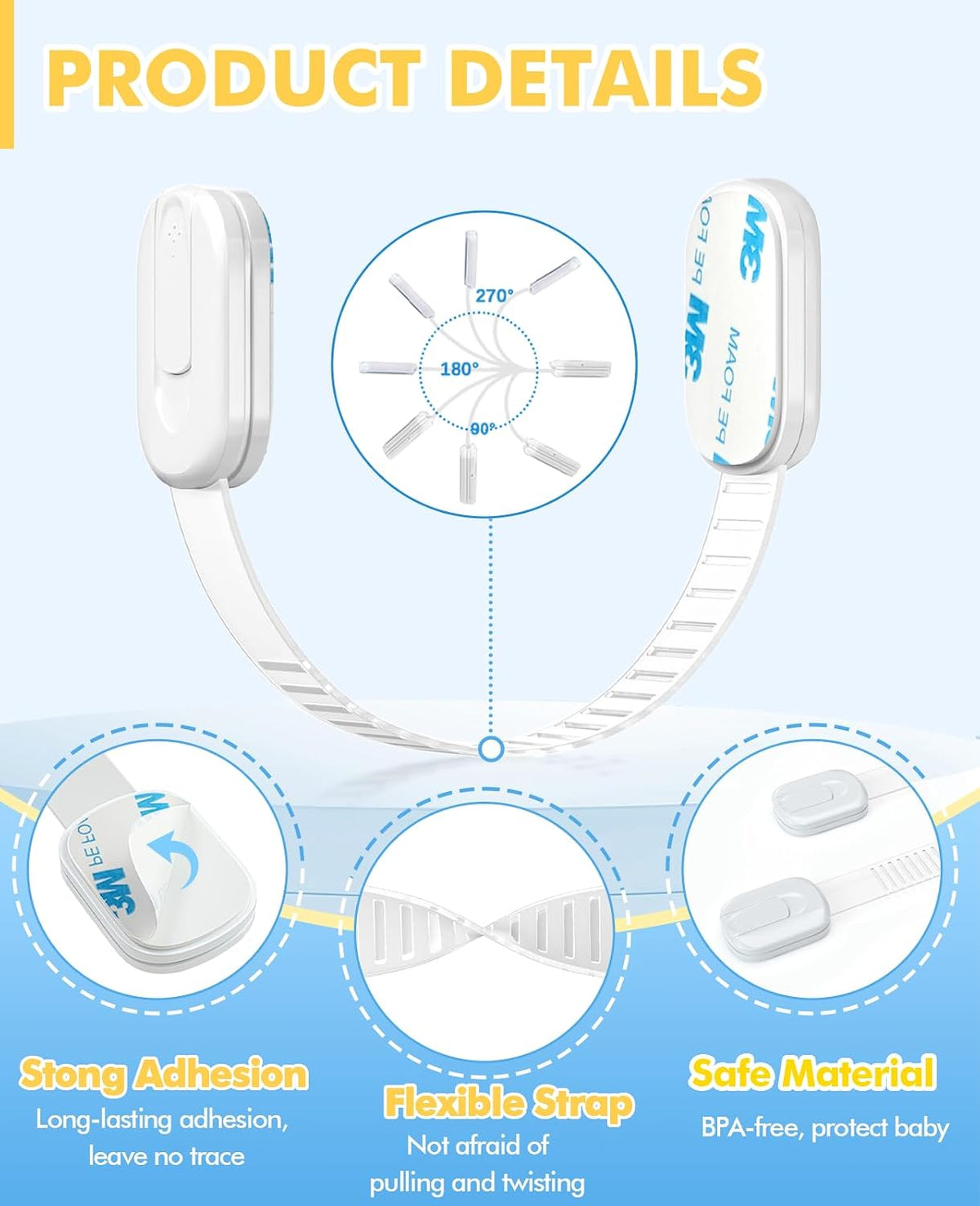 Cabinet Locks Baby Proofing, Child Proof Cabinet Locks with 3M Adhesive - Easy Installation with Adjustable Straps, Multi-Purpose Child Safety Latches for Drawers Fridge Trash Cans Toilets