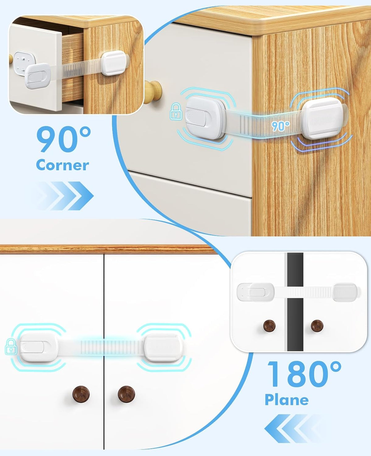 Cabinet Locks Baby Proofing, Child Proof Cabinet Locks with 3M Adhesive - Easy Installation with Adjustable Straps, Multi-Purpose Child Safety Latches for Drawers Fridge Trash Cans Toilets