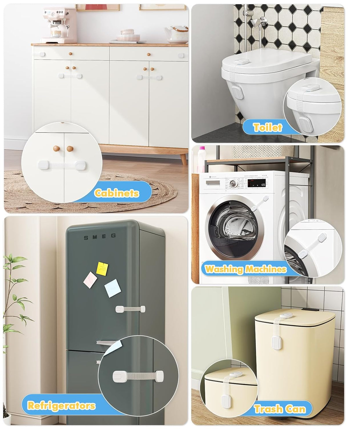 Cabinet Locks Baby Proofing, Child Proof Cabinet Locks with 3M Adhesive - Easy Installation with Adjustable Straps, Multi-Purpose Child Safety Latches for Drawers Fridge Trash Cans Toilets