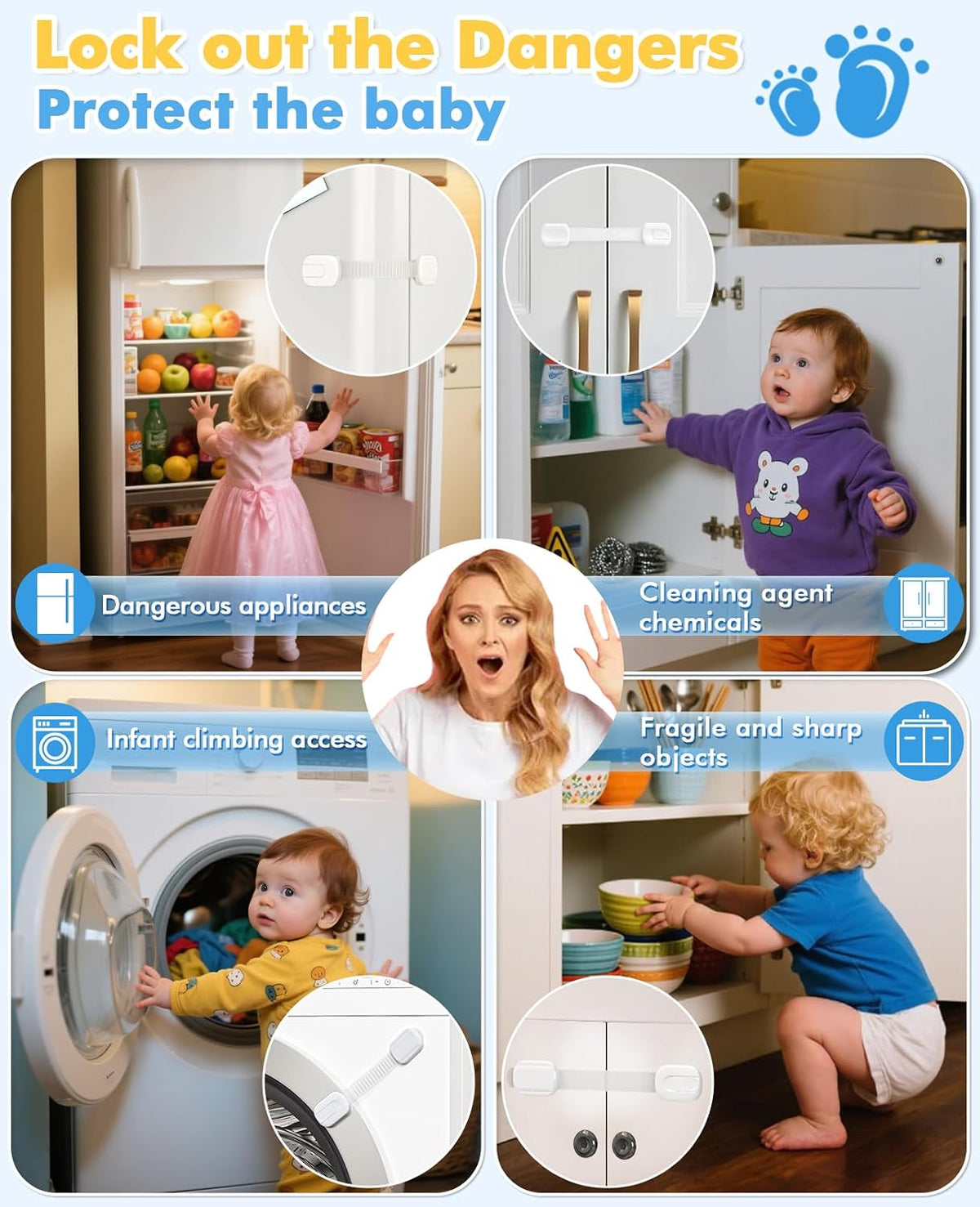 Cabinet Locks Baby Proofing, Child Proof Cabinet Locks with 3M Adhesive - Easy Installation with Adjustable Straps, Multi-Purpose Child Safety Latches for Drawers Fridge Trash Cans Toilets