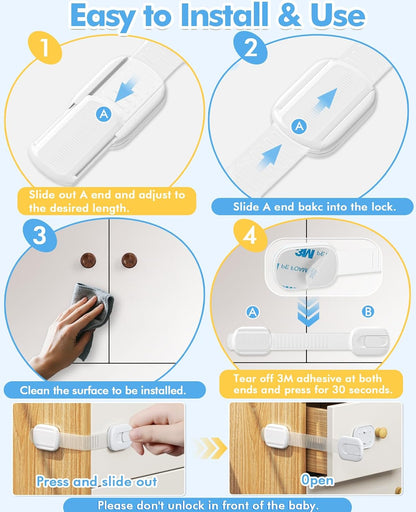 Cabinet Locks Baby Proofing, Child Proof Cabinet Locks with 3M Adhesive - Easy Installation with Adjustable Straps, Multi-Purpose Child Safety Latches for Drawers Fridge Trash Cans Toilets