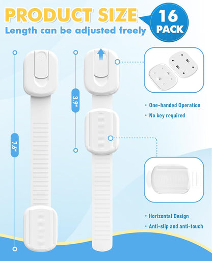 Cabinet Locks Baby Proofing, Child Proof Cabinet Locks with 3M Adhesive - Easy Installation with Adjustable Straps, Multi-Purpose Child Safety Latches for Drawers Fridge Trash Cans Toilets