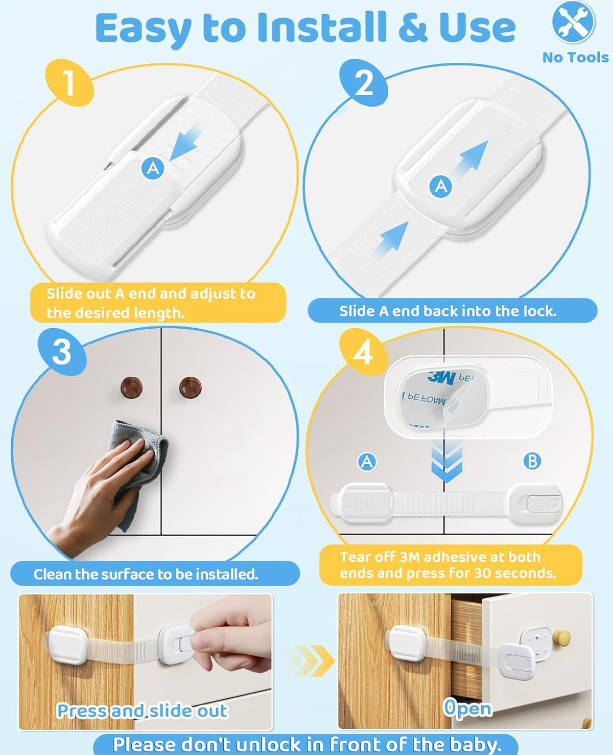 Cabinet Locks Baby Proofing, Child Proof Cabinet Locks with 3M Adhesive - Easy Installation with Adjustable Straps, Multi-Purpose Child Safety Latches for Drawers Fridge Trash Cans Toilets