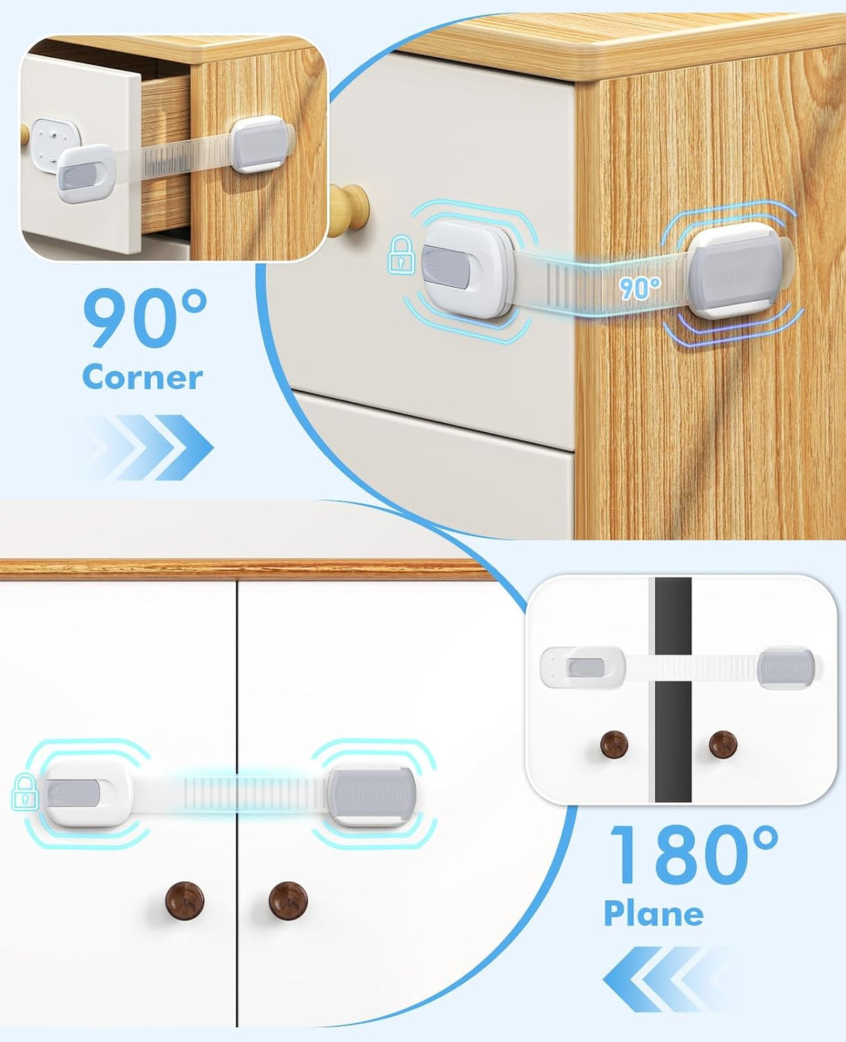Cabinet Locks Baby Proofing, Child Proof Cabinet Locks with 3M Adhesive - Easy Installation with Adjustable Straps, Multi-Purpose Child Safety Latches for Drawers Fridge Trash Cans Toilets