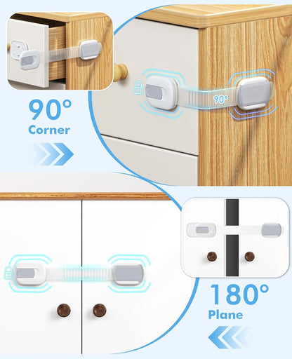 Cabinet Locks Baby Proofing, Child Proof Cabinet Locks with 3M Adhesive - Easy Installation with Adjustable Straps, Multi-Purpose Child Safety Latches for Drawers Fridge Trash Cans Toilets
