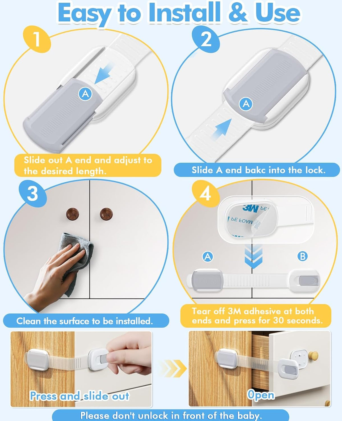 Cabinet Locks Baby Proofing, Child Proof Cabinet Locks with 3M Adhesive - Easy Installation with Adjustable Straps, Multi-Purpose Child Safety Latches for Drawers Fridge Trash Cans Toilets