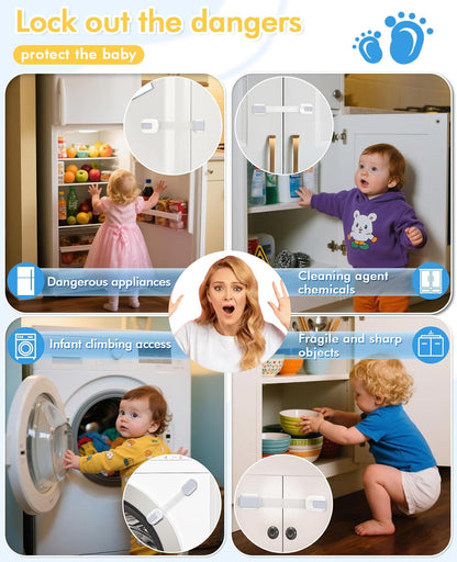 Cabinet Locks Baby Proofing, Child Proof Cabinet Locks with 3M Adhesive - Easy Installation with Adjustable Straps, Multi-Purpose Child Safety Latches for Drawers Fridge Trash Cans Toilets