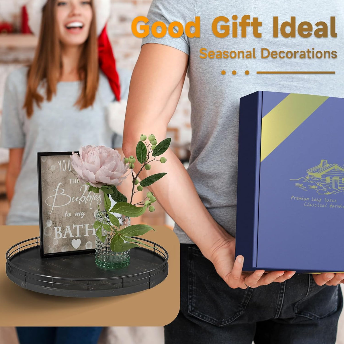 9-Inch Farmhouse Oak Lazy Susan Cabinet Organizer, Walnut Finish | Smooth rotating oak tray with walnut finish for dining tables, kitchen counters, pantries and cabinet storage.