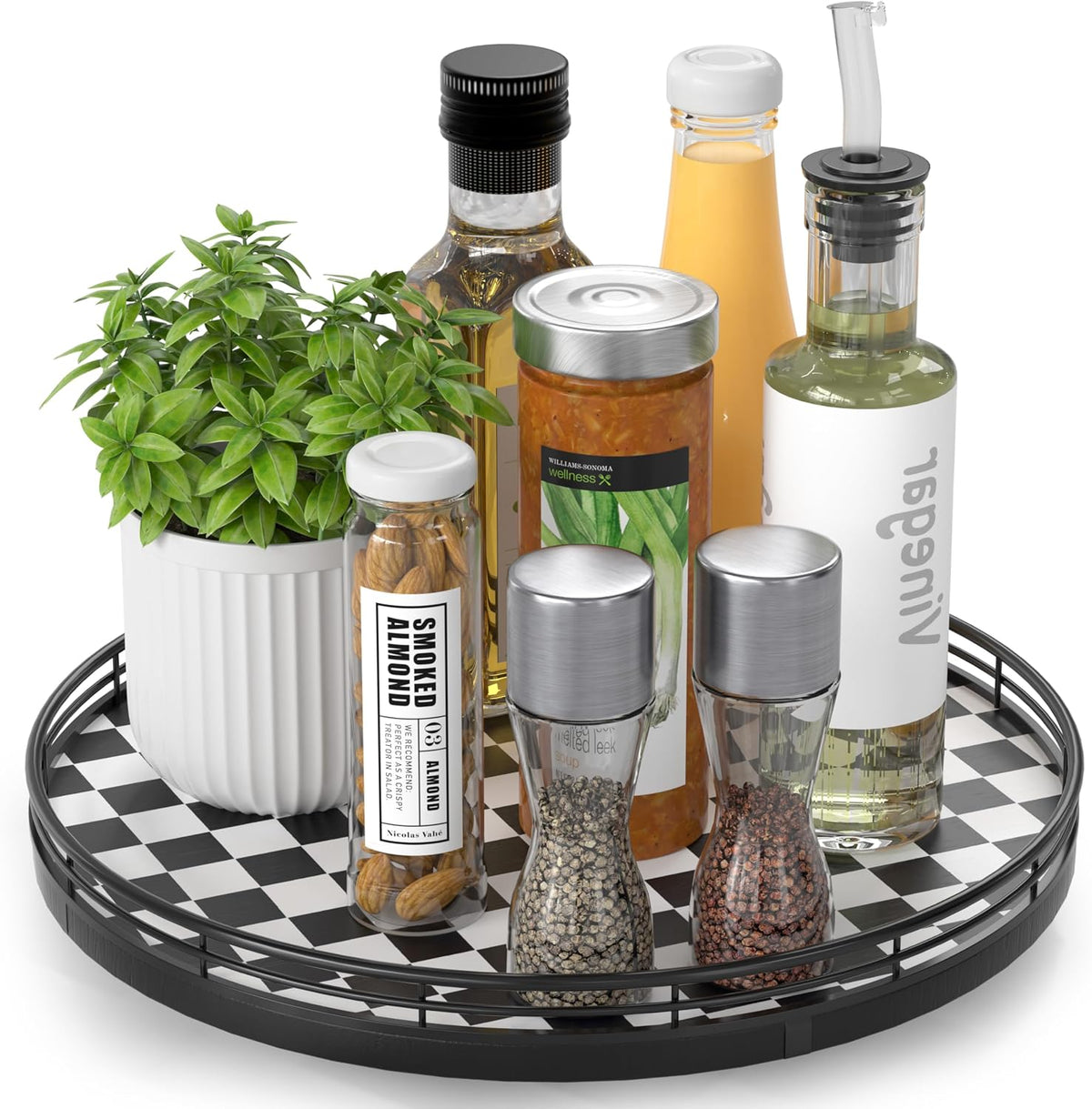 9-Inch Farmhouse Oak Lazy Susan Cabinet Organizer, Walnut Finish | Smooth rotating oak tray with walnut finish for dining tables, kitchen counters, pantries and cabinet storage.