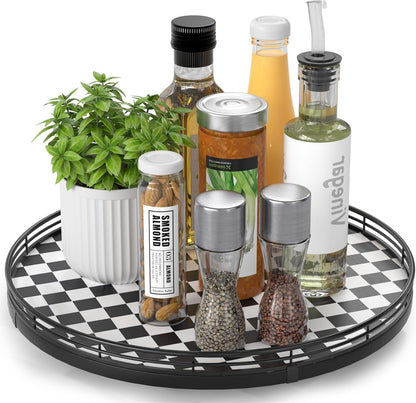 9-Inch Farmhouse Oak Lazy Susan Cabinet Organizer, Walnut Finish | Smooth rotating oak tray with walnut finish for dining tables, kitchen counters, pantries and cabinet storage.