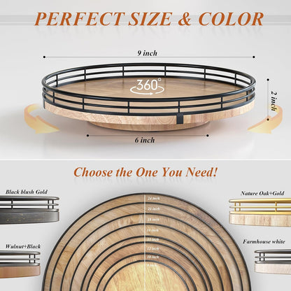 9-Inch Farmhouse Oak Lazy Susan Cabinet Organizer, Walnut Finish | Smooth rotating oak tray with walnut finish for dining tables, kitchen counters, pantries and cabinet storage.