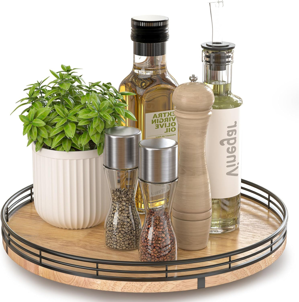 9-Inch Farmhouse Oak Lazy Susan Cabinet Organizer, Walnut Finish | Smooth rotating oak tray with walnut finish for dining tables, kitchen counters, pantries and cabinet storage.