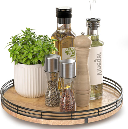 9-Inch Farmhouse Oak Lazy Susan Cabinet Organizer, Walnut Finish | Smooth rotating oak tray with walnut finish for dining tables, kitchen counters, pantries and cabinet storage.