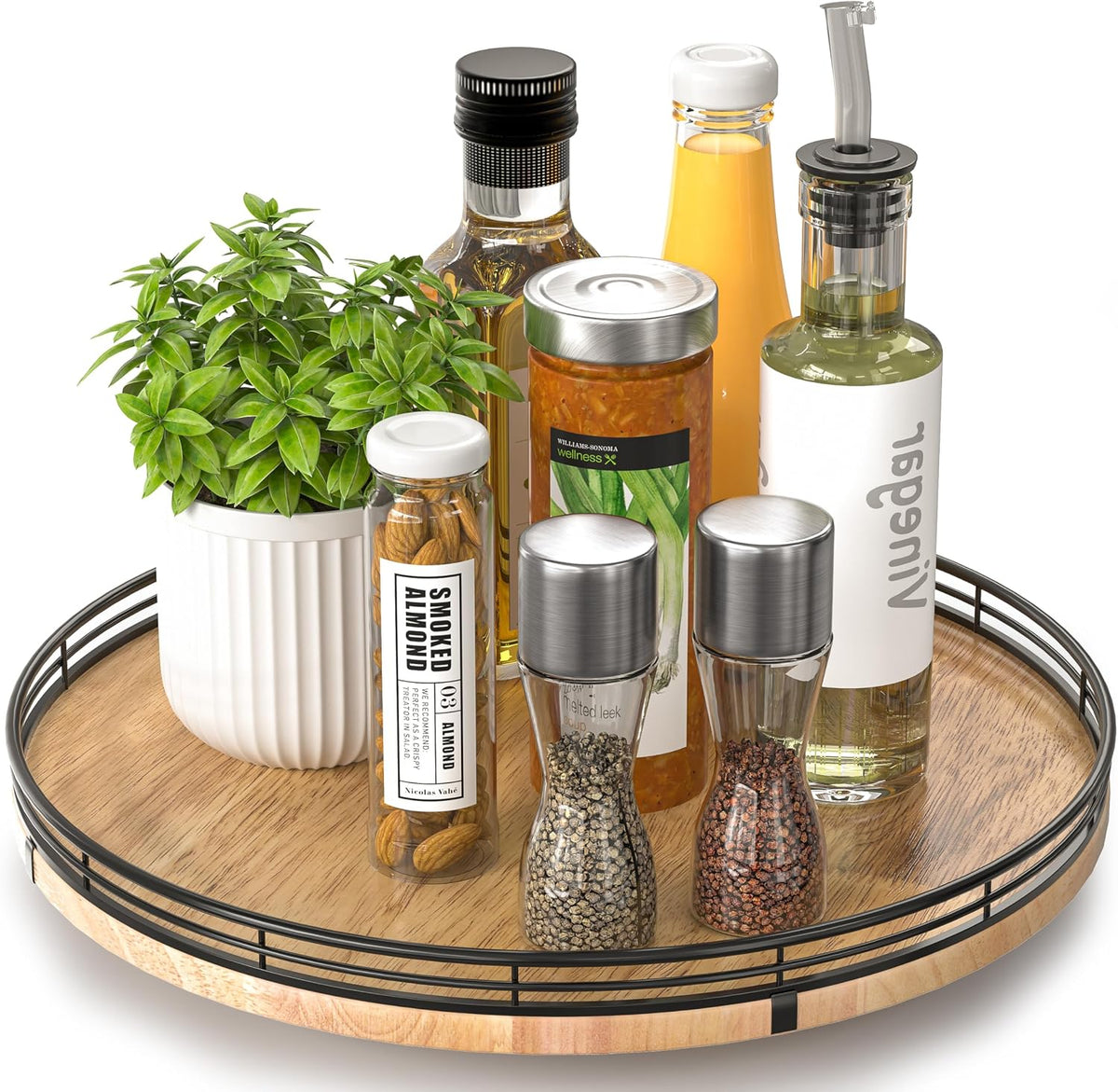9-Inch Farmhouse Oak Lazy Susan Cabinet Organizer, Walnut Finish | Smooth rotating oak tray with walnut finish for dining tables, kitchen counters, pantries and cabinet storage.