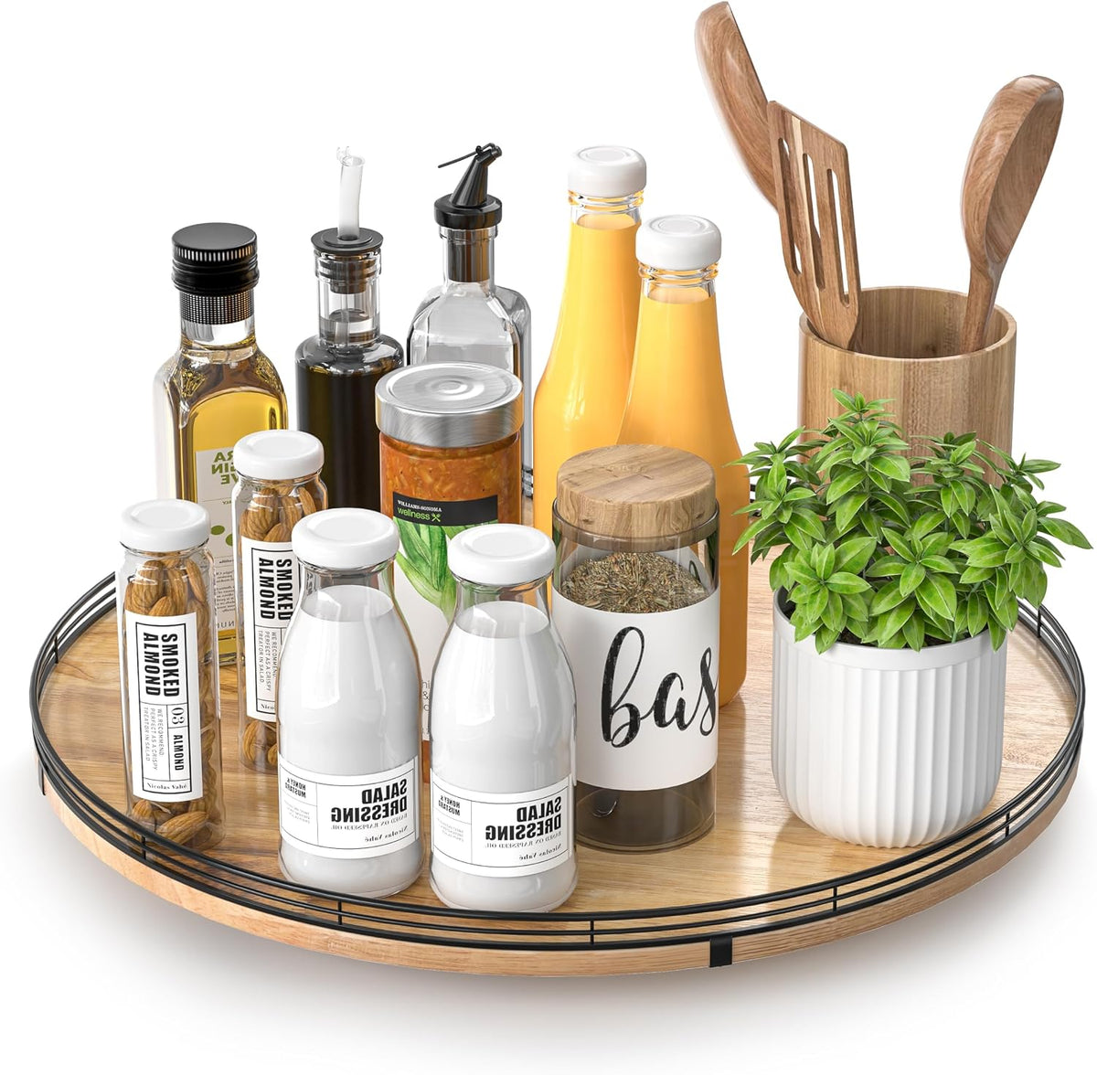 9-Inch Farmhouse Oak Lazy Susan Cabinet Organizer, Walnut Finish | Smooth rotating oak tray with walnut finish for dining tables, kitchen counters, pantries and cabinet storage.