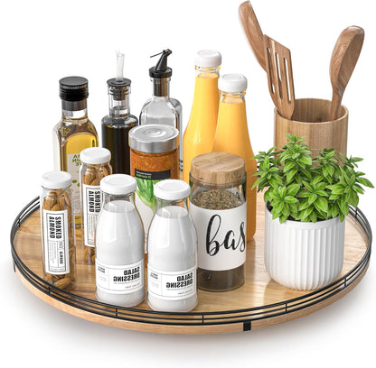 9-Inch Farmhouse Oak Lazy Susan Cabinet Organizer, Walnut Finish | Smooth rotating oak tray with walnut finish for dining tables, kitchen counters, pantries and cabinet storage.