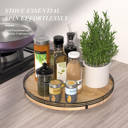 9-Inch Farmhouse Oak Lazy Susan Cabinet Organizer, Walnut Finish | Smooth rotating oak tray with walnut finish for dining tables, kitchen counters, pantries and cabinet storage.