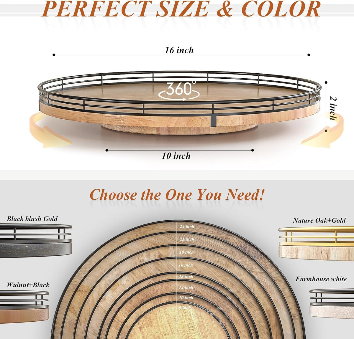 9-Inch Farmhouse Oak Lazy Susan Cabinet Organizer, Walnut Finish | Smooth rotating oak tray with walnut finish for dining tables, kitchen counters, pantries and cabinet storage.