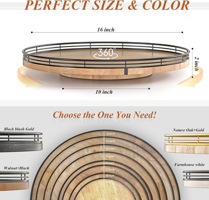 9-Inch Farmhouse Oak Lazy Susan Cabinet Organizer, Walnut Finish | Smooth rotating oak tray with walnut finish for dining tables, kitchen counters, pantries and cabinet storage.