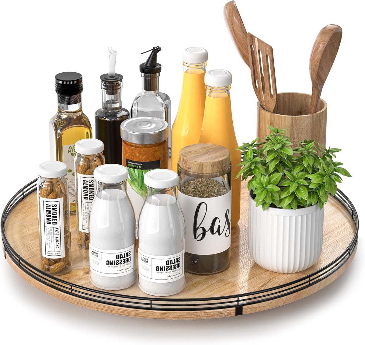 9-Inch Farmhouse Oak Lazy Susan Cabinet Organizer, Walnut Finish | Smooth rotating oak tray with walnut finish for dining tables, kitchen counters, pantries and cabinet storage.
