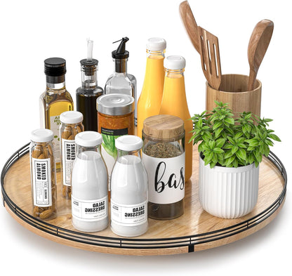 9-Inch Farmhouse Oak Lazy Susan Cabinet Organizer, Walnut Finish | Smooth rotating oak tray with walnut finish for dining tables, kitchen counters, pantries and cabinet storage.