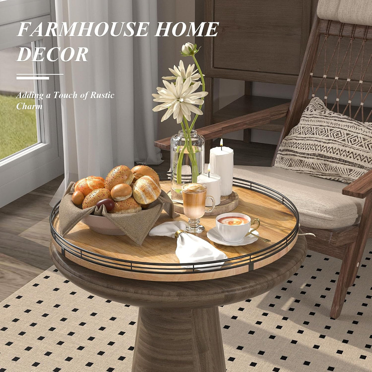 9-Inch Farmhouse Oak Lazy Susan Cabinet Organizer, Walnut Finish | Smooth rotating oak tray with walnut finish for dining tables, kitchen counters, pantries and cabinet storage.