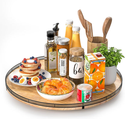 9-Inch Farmhouse Oak Lazy Susan Cabinet Organizer, Walnut Finish | Smooth rotating oak tray with walnut finish for dining tables, kitchen counters, pantries and cabinet storage.