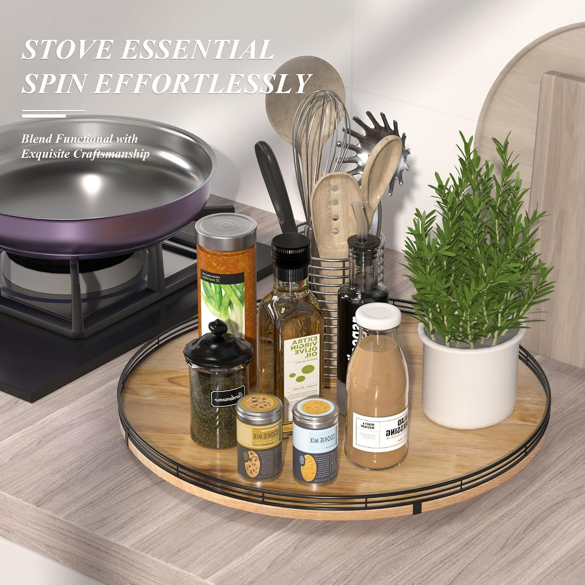 9-Inch Farmhouse Oak Lazy Susan Cabinet Organizer, Walnut Finish | Smooth rotating oak tray with walnut finish for dining tables, kitchen counters, pantries and cabinet storage.
