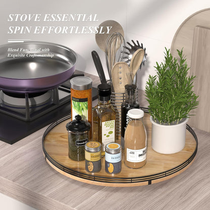 9-Inch Farmhouse Oak Lazy Susan Cabinet Organizer, Walnut Finish | Smooth rotating oak tray with walnut finish for dining tables, kitchen counters, pantries and cabinet storage.