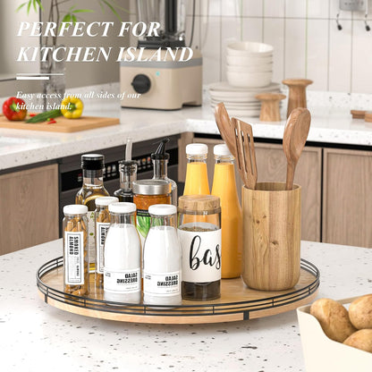 9-Inch Farmhouse Oak Lazy Susan Cabinet Organizer, Walnut Finish | Smooth rotating oak tray with walnut finish for dining tables, kitchen counters, pantries and cabinet storage.