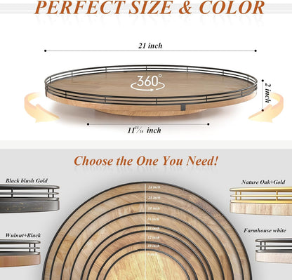 9-Inch Farmhouse Oak Lazy Susan Cabinet Organizer, Walnut Finish | Smooth rotating oak tray with walnut finish for dining tables, kitchen counters, pantries and cabinet storage.