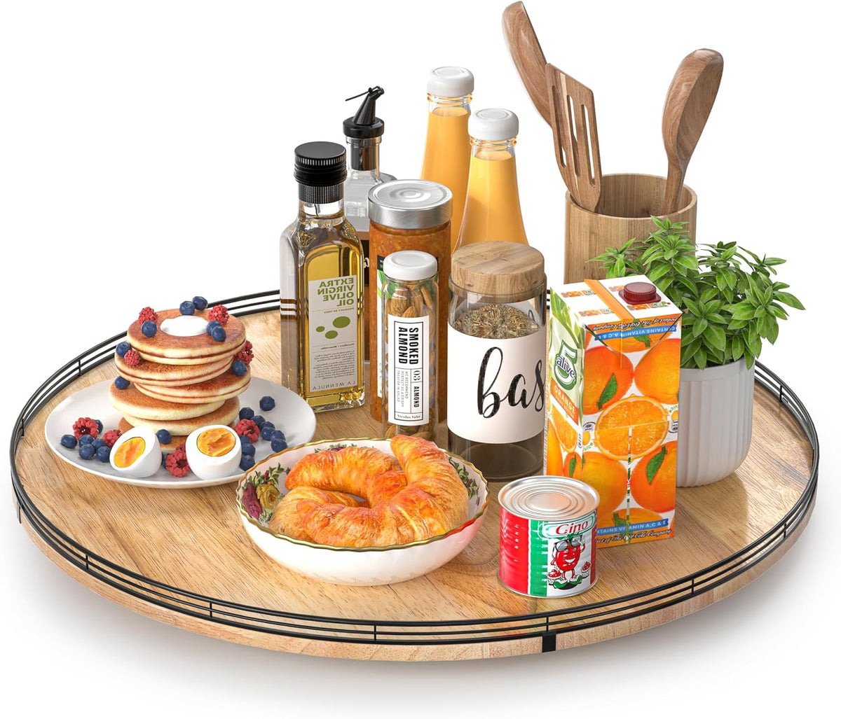 9-Inch Farmhouse Oak Lazy Susan Cabinet Organizer, Walnut Finish | Smooth rotating oak tray with walnut finish for dining tables, kitchen counters, pantries and cabinet storage.