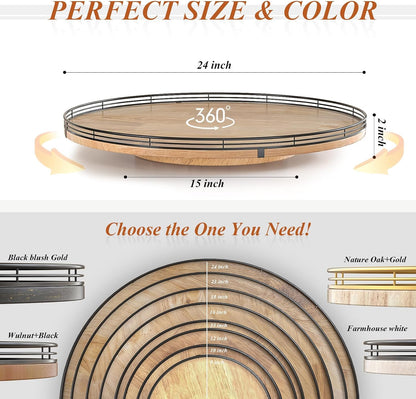 9-Inch Farmhouse Oak Lazy Susan Cabinet Organizer, Walnut Finish | Smooth rotating oak tray with walnut finish for dining tables, kitchen counters, pantries and cabinet storage.
