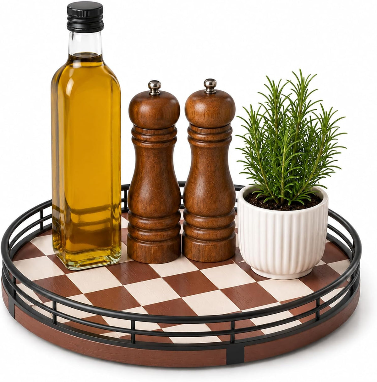 9-Inch Farmhouse Oak Lazy Susan Cabinet Organizer, Walnut Finish | Smooth rotating oak tray with walnut finish for dining tables, kitchen counters, pantries and cabinet storage.