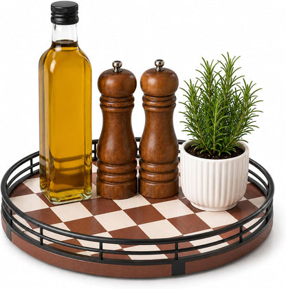 9-Inch Farmhouse Oak Lazy Susan Cabinet Organizer, Walnut Finish | Smooth rotating oak tray with walnut finish for dining tables, kitchen counters, pantries and cabinet storage.