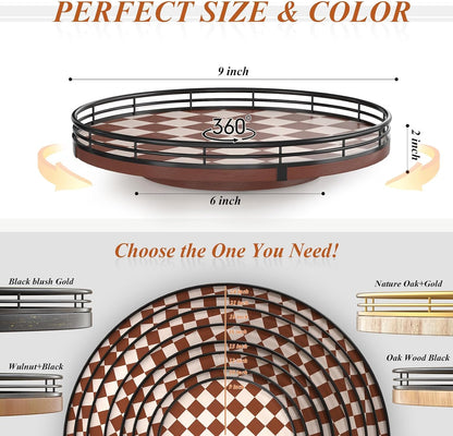 9-Inch Farmhouse Oak Lazy Susan Cabinet Organizer, Walnut Finish | Smooth rotating oak tray with walnut finish for dining tables, kitchen counters, pantries and cabinet storage.
