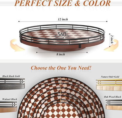9-Inch Farmhouse Oak Lazy Susan Cabinet Organizer, Walnut Finish | Smooth rotating oak tray with walnut finish for dining tables, kitchen counters, pantries and cabinet storage.