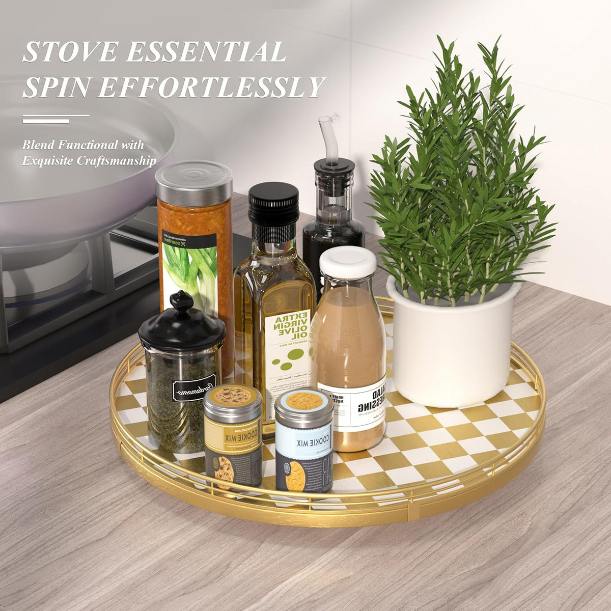 9-Inch Farmhouse Oak Lazy Susan Cabinet Organizer, Walnut Finish | Smooth rotating oak tray with walnut finish for dining tables, kitchen counters, pantries and cabinet storage.