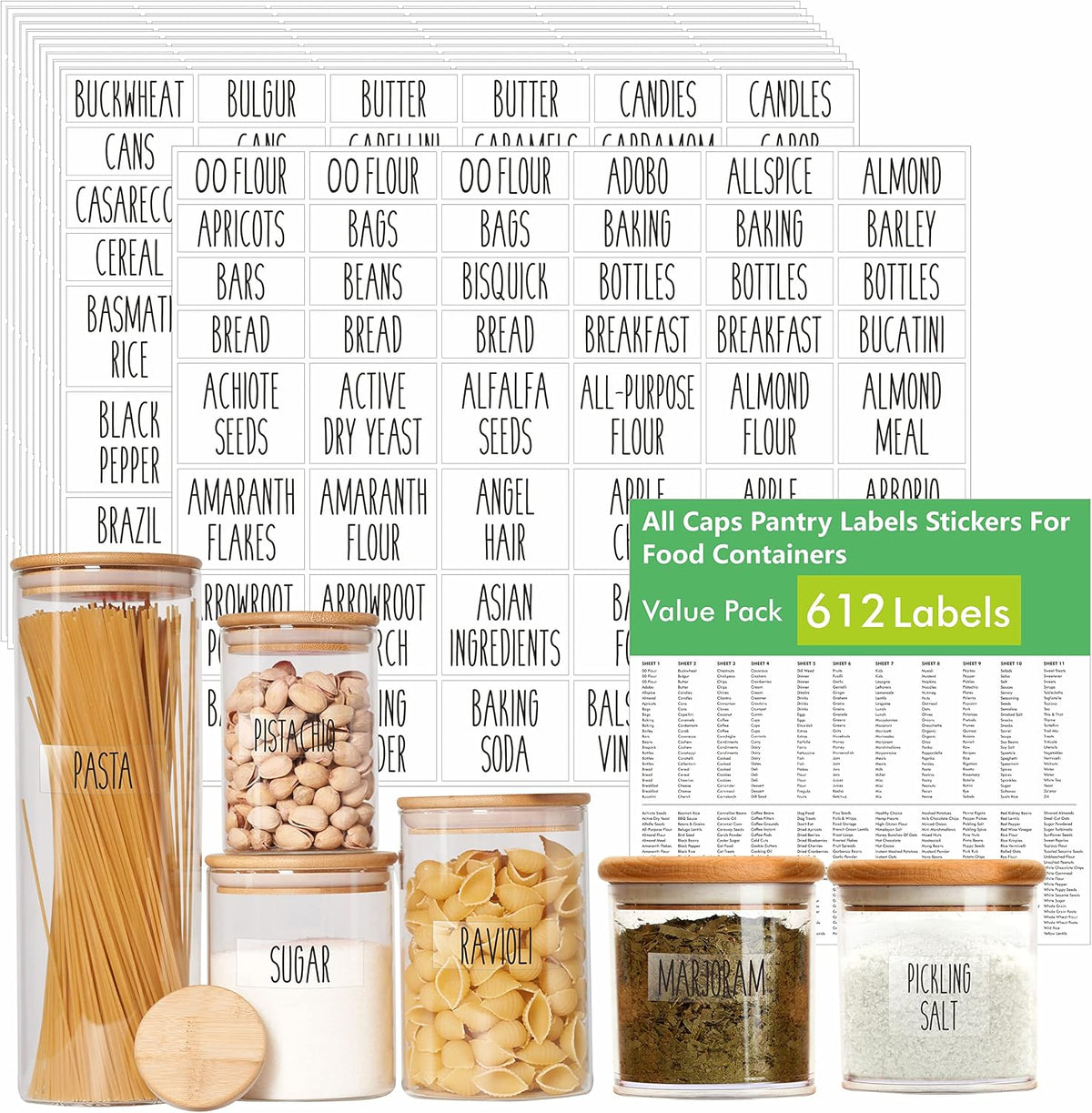 Hebayy 612 Script Pantry Food Labels, Water & Oil Resistant Pantry Label Stickers Food Jar Label for Organization and Storage