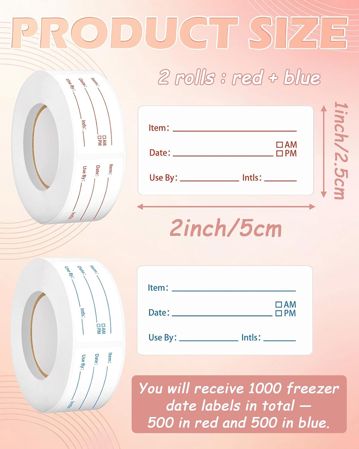 2 Rolls Removable Freezer Food Labels, 1x2 Meal Prep Date Stickers | 1000 writable 1x2" labels (blue/red). Strong freezer-safe adhesive removes cleanly with zero residue. Ideal for meal prep