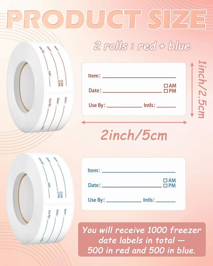 2 Rolls Removable Freezer Food Labels, 1x2 Meal Prep Date Stickers | 1000 writable 1x2" labels (blue/red). Strong freezer-safe adhesive removes cleanly with zero residue. Ideal for meal prep