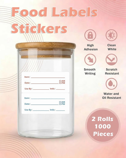 2 Rolls Removable Freezer Food Labels, 1x2 Meal Prep Date Stickers | 1000 writable 1x2" labels (blue/red). Strong freezer-safe adhesive removes cleanly with zero residue. Ideal for meal prep