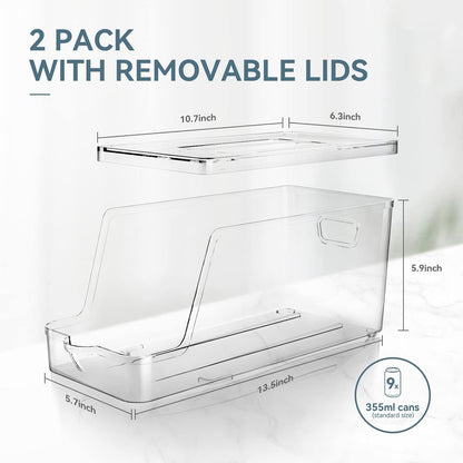 Soda Can Dispenser for Refrigerator with Lids, Stackable, 2 Pack | Clear Drink Organizer With Lids For Refrigerator Storage. Pantry Organizers And Storage For Fridge And Kitchen Cabinets