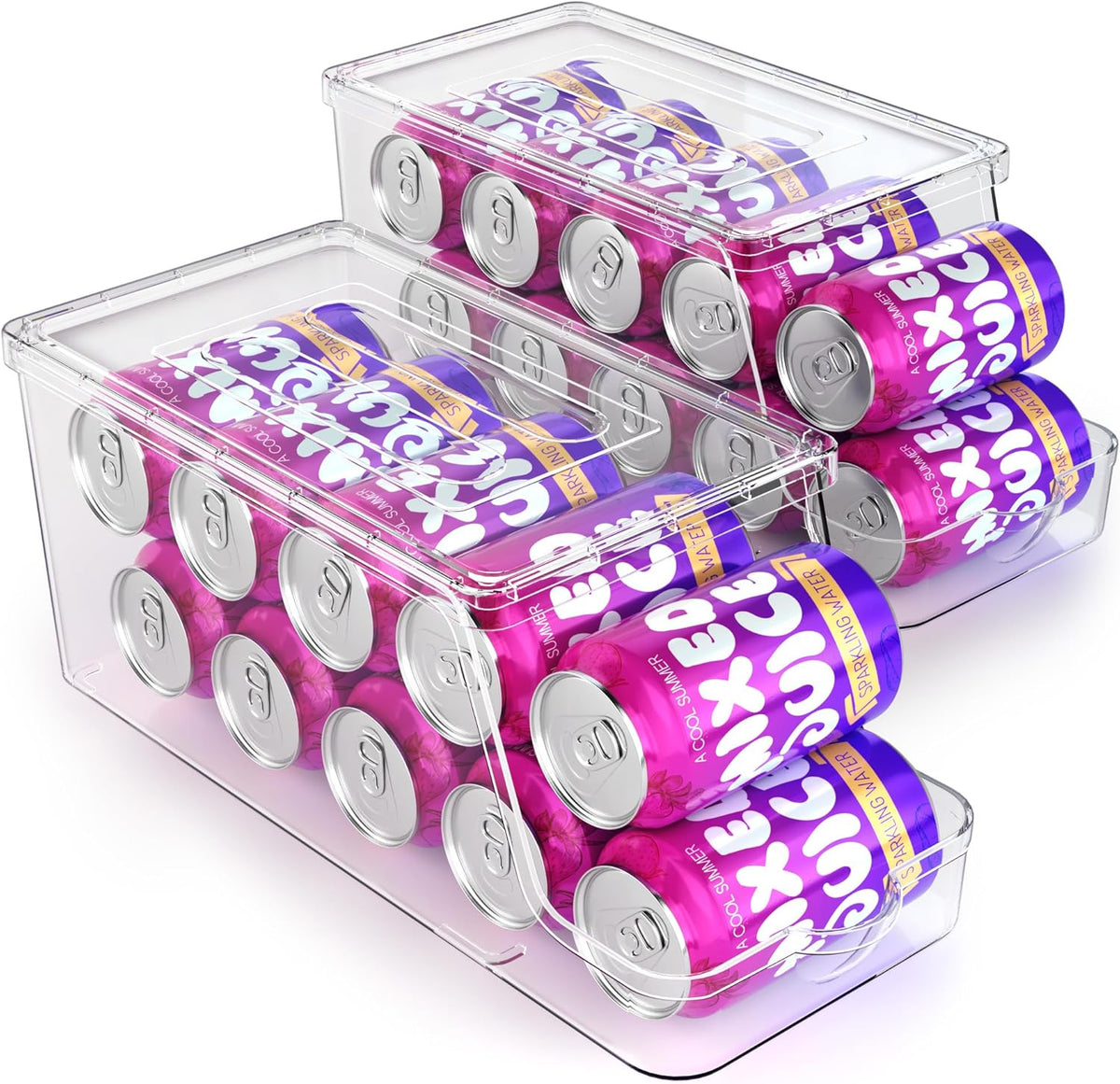 Soda Can Dispenser for Refrigerator with Lids, Stackable, 2 Pack | Clear Drink Organizer With Lids For Refrigerator Storage. Pantry Organizers And Storage For Fridge And Kitchen Cabinets