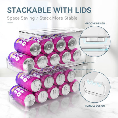 Soda Can Dispenser for Refrigerator with Lids, Stackable, 2 Pack | Clear Drink Organizer With Lids For Refrigerator Storage. Pantry Organizers And Storage For Fridge And Kitchen Cabinets