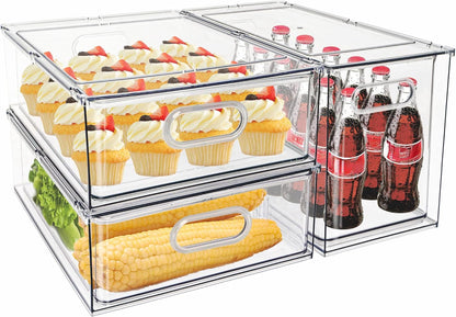 Fridge Drawer Pull Out Stackable Bins with Handle Clear Refrigerator Drawers Organizer Food Storage Container Box with Dividers Plastic Produce Saver for Pantry, Cabinet, Kitchen, Clothes（4Pack）
