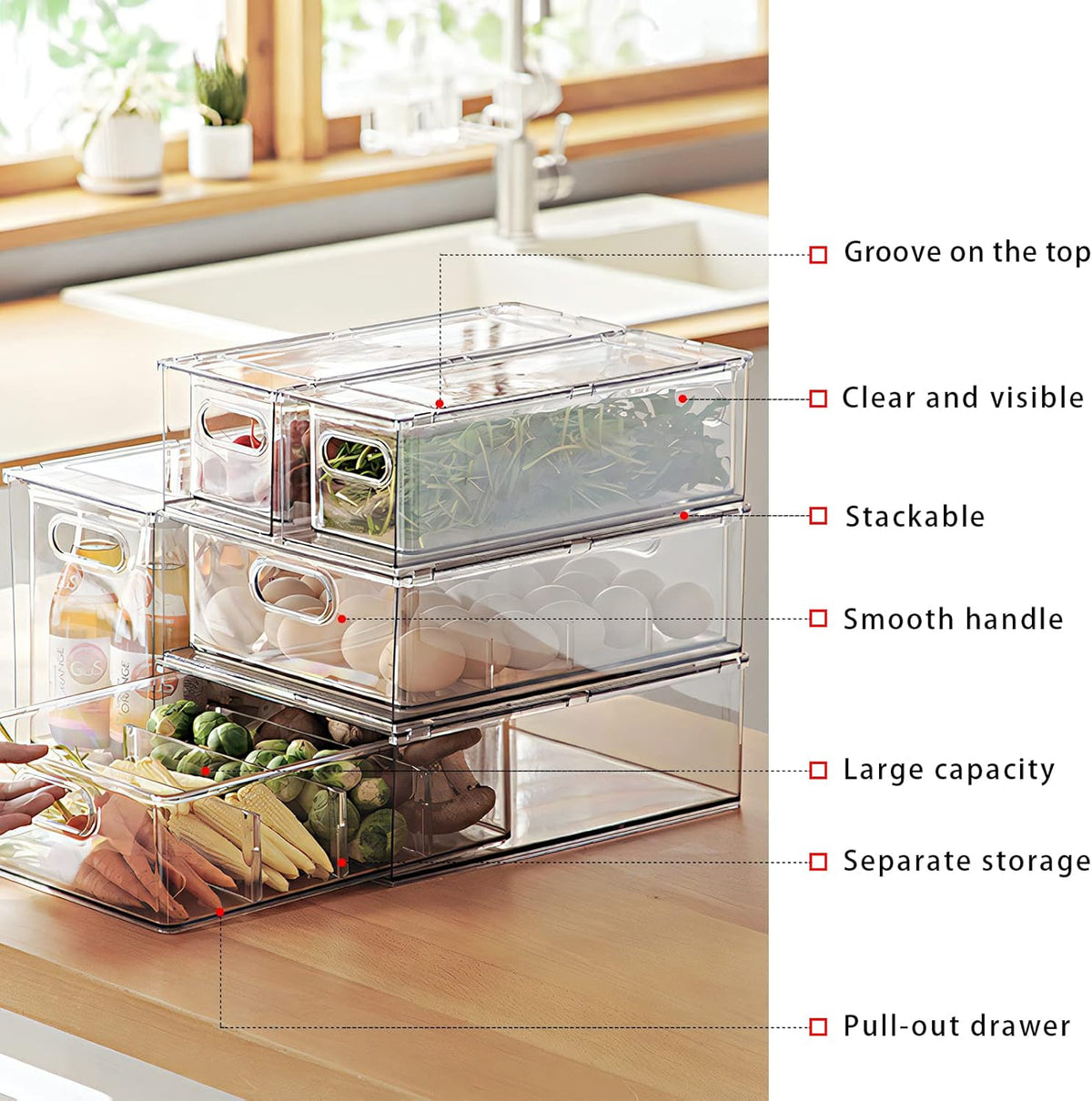 Fridge Drawer Pull Out Stackable Bins with Handle Clear Refrigerator Drawers Organizer Food Storage Container Box with Dividers Plastic Produce Saver for Pantry, Cabinet, Kitchen, Clothes（4Pack）